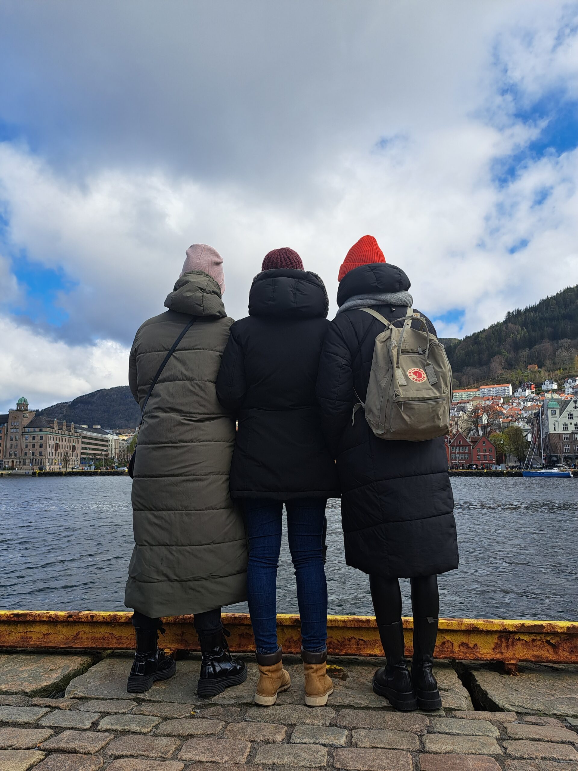 a group of people standing on a ledge looking at a body of water