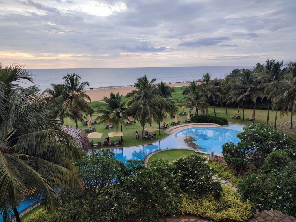 a pool with palm trees and a beach